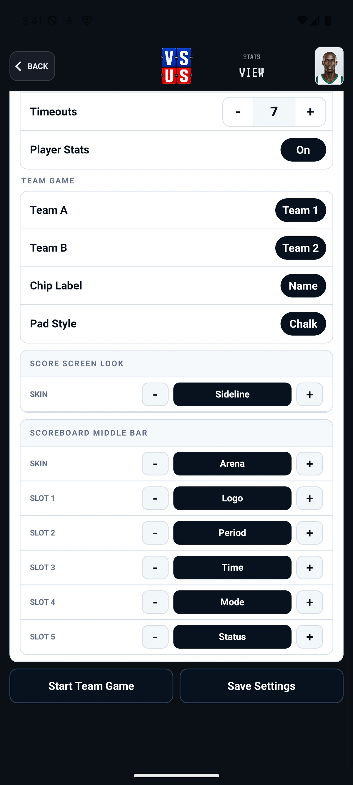 Current Basketball setup showing separate score-screen and scoreboard skin controls