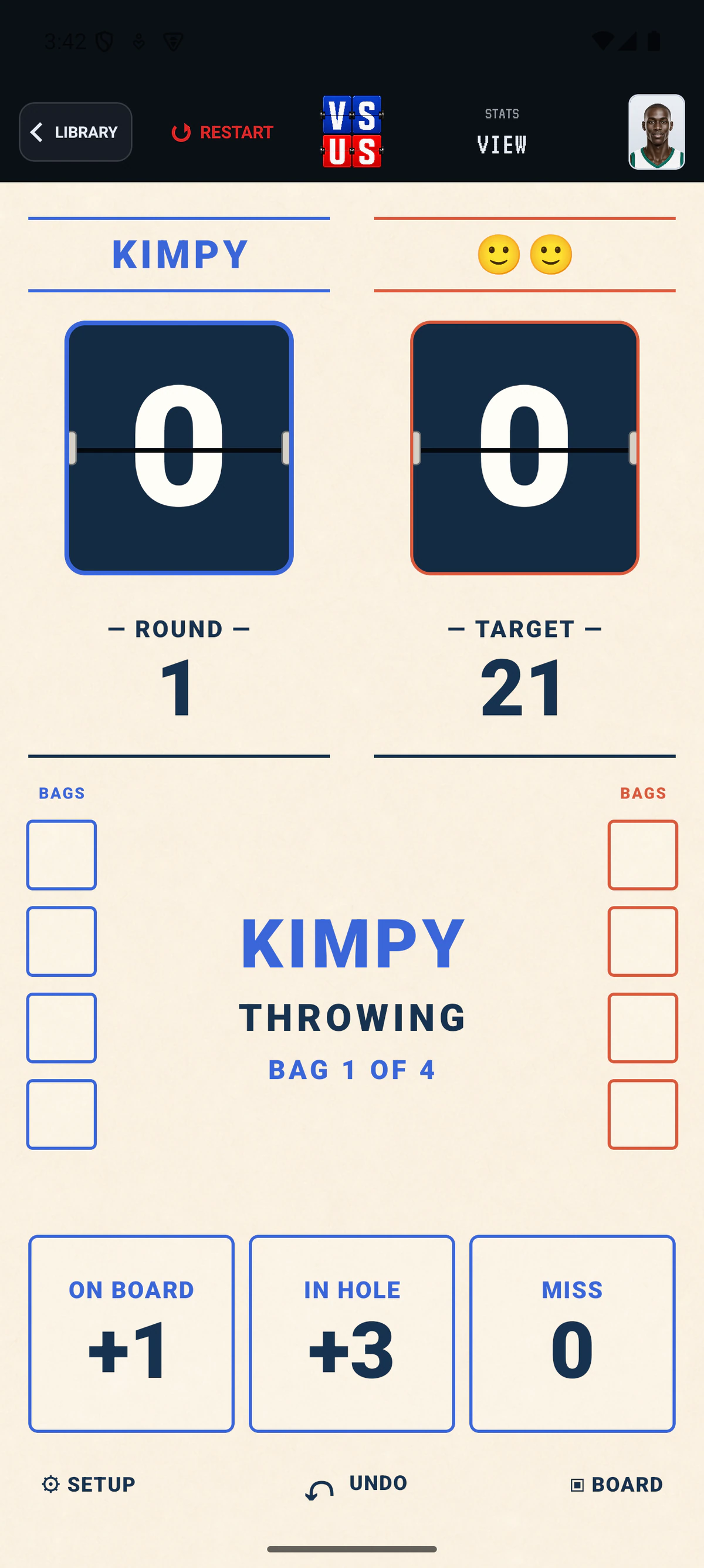 Sideline Cornhole scoring skin in the current VS US app