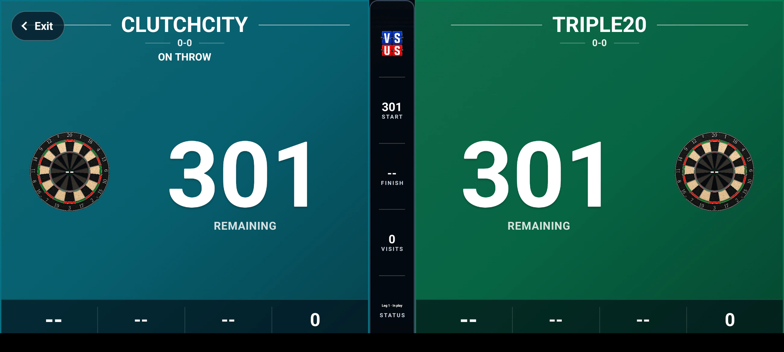Current Darts Board showing CLUTCHCITY in teal versus TRIPLE20 in green