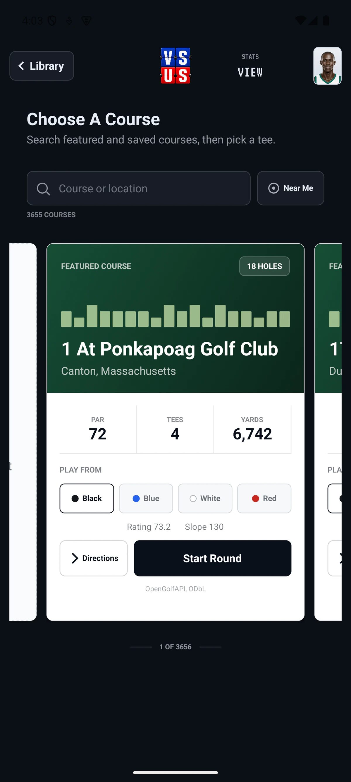 Current VS US Golf course picker showing 3,655 available courses