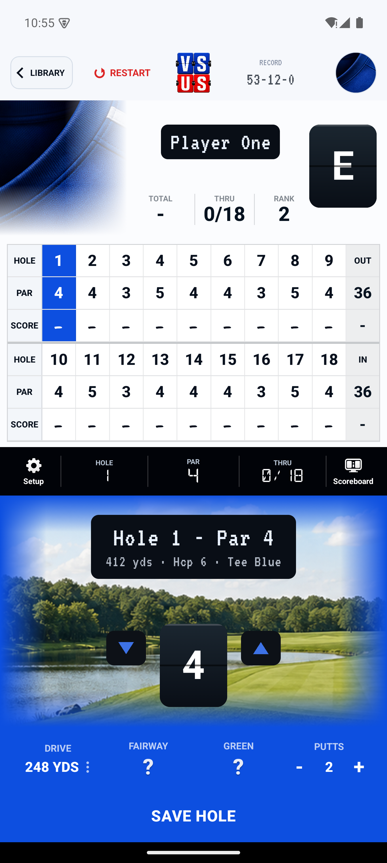 VS US Golf scorecard with active hole entry and Save Hole control.