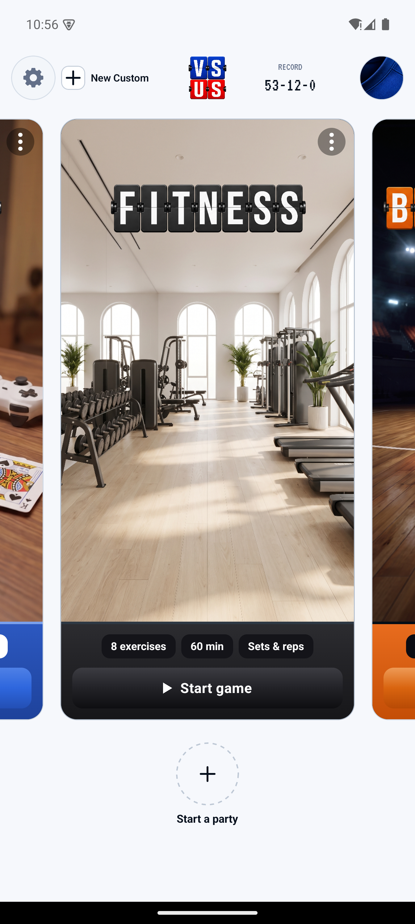 VS US Library Fitness game card with exercise and workout details.